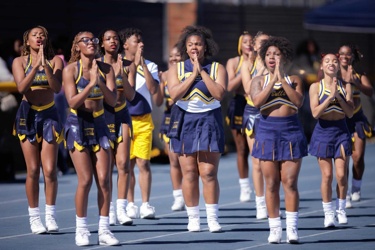 Johnson C. Smith cheerleaders perform during homecoming football game. The Bulls go to 7-0 as they defeat Shaw University 21-14 Saturday October 19, 2024.