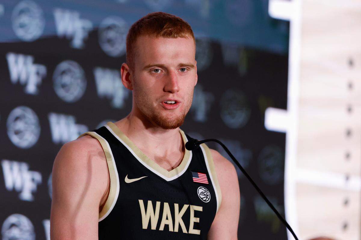 Wake Forest guard Cameron Hildreth speaks to the media at the 2024 ACC Tipoff in Charlotte, N.C., Thursday, Oct. 10, 2024.