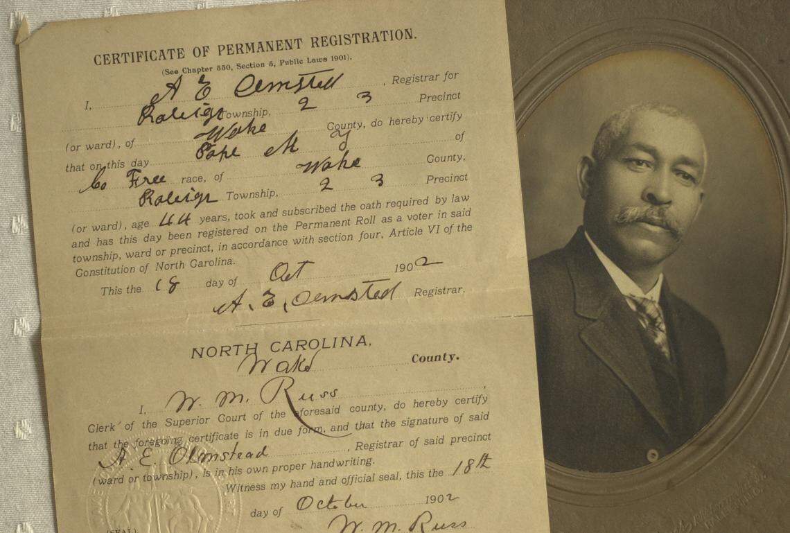 Detail photo of two items in the family papers of Dr. Manassa T. Pope. At left, a rare original form of Pope’s 1902 Wake County voter registration card alongside a photograph of Pope taken ca. 1919, when he was about 60.