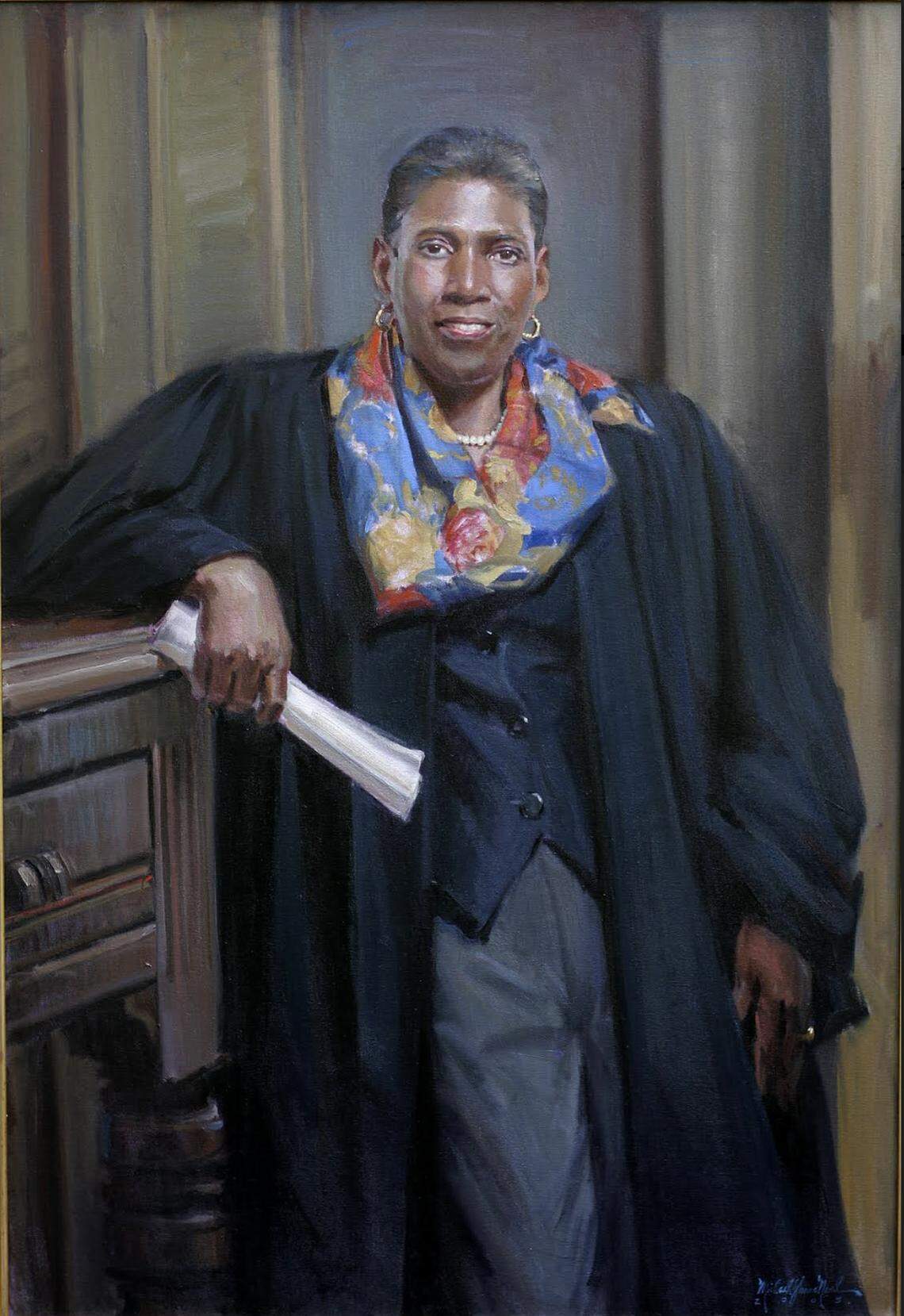 Michael Shane Neal’s 2004 portrait of former Judge Shirley Fulton hangs in the Mecklenburg County Courthouse. Fulton, the first Black woman in North Carolina ever elected to a Superior Court seat, has died. She was 71.