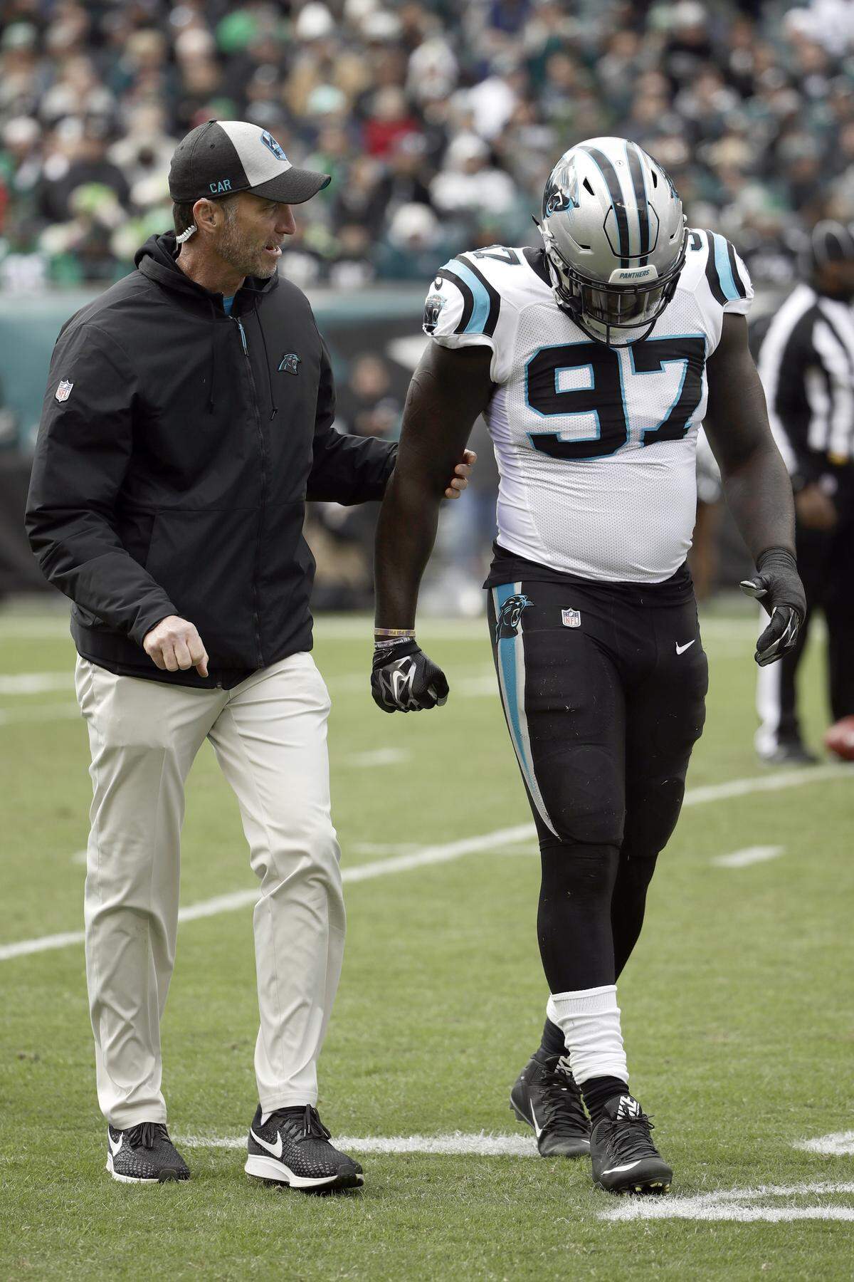 Carolina Panthers defensive end Mario Addison (97) suffered a back injury and was helped off the field by a trainer during the first half of the team’s 21-17 win over the Philadelphia Eagles.