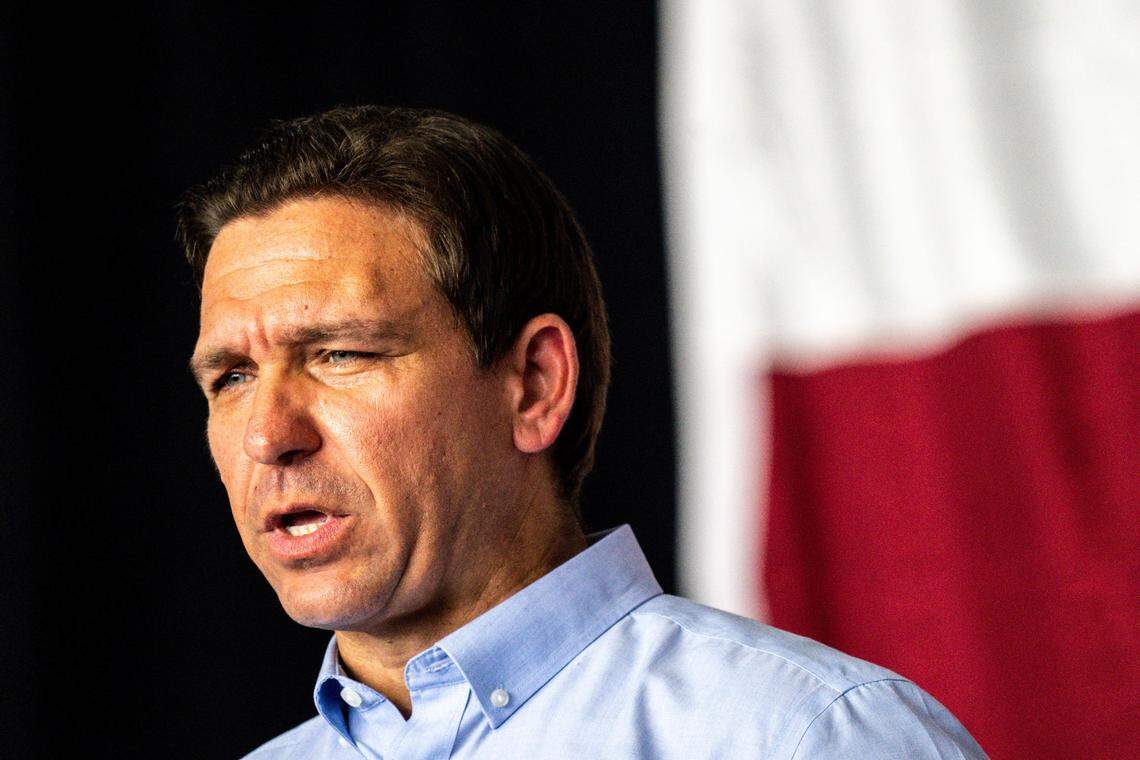 Florida Gov. Ron DeSantis speaks during Operation Top Nunn: Salute to the Troops at Ankeny Regional Airport on Saturday, July 15, 2023 in Ankeny.