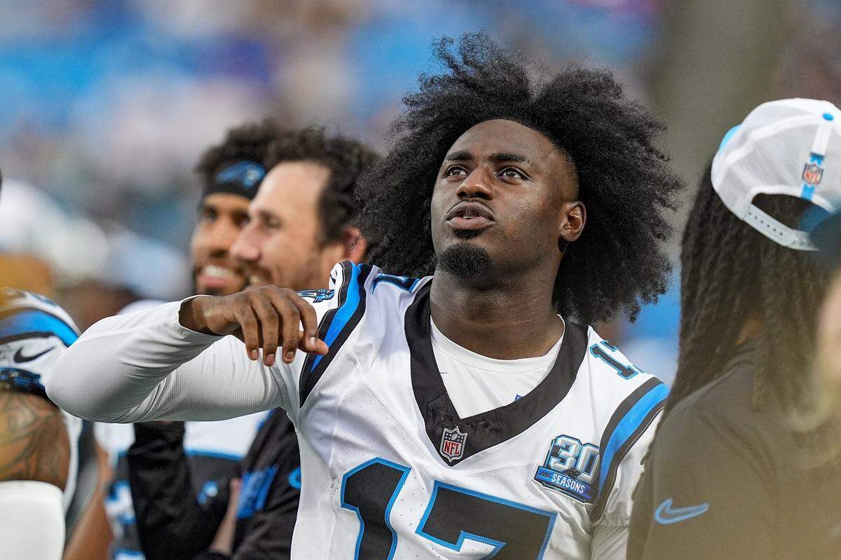Aug 17, 2024; Charlotte, North Carolina, USA;  Carolina Panthers wide receiver Xavier Legette (17) during the first quarter against the New York Jets at Bank of America Stadium. Mandatory Credit: Jim Dedmon-USA TODAY Sports