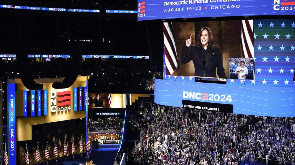 U.S. Vice President Kamala Harris speaks at the Democratic National Convention in Chicago on Aug. 22, 2024.