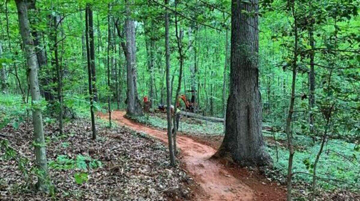 Photo of the Mountain Creek Park hiking and mountain biking trails while under construction in 2020 by Elevated Trail Design LLC. Mountain Creek Park is located on the northern end of Lake Norman, in Sherrills Ford, Catawba County. This photo was taken on April 29, 2020.