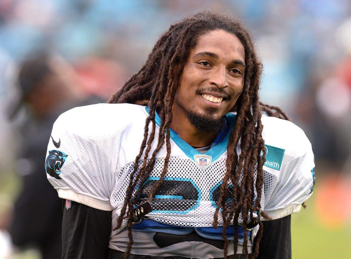 Carolina Panthers safety Tre Boston smiles during the team’s Fan Fest at Bank of America Stadium Friday. Boston was able to get his old number 33 back from running back Elijah Holyfield.