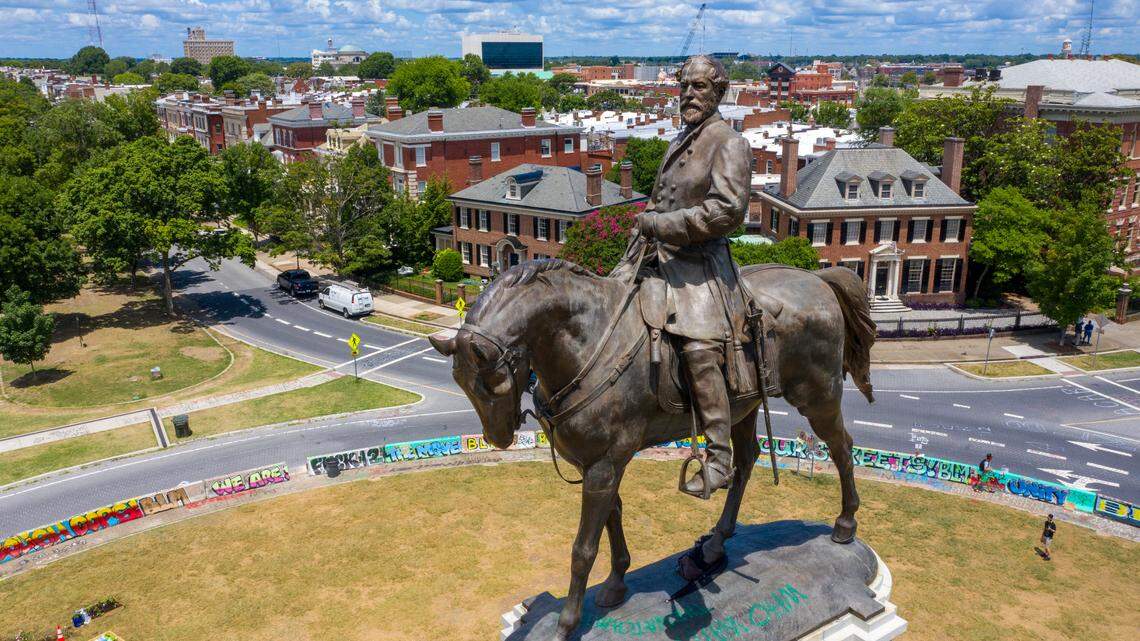FILE - This July 10, 2020 file photo shows the statue of Confederate General Robert E. Lee is the only Confederate monument left on on Monument Avenue in Richmond, Va. (AP Photo/Steve Helber)