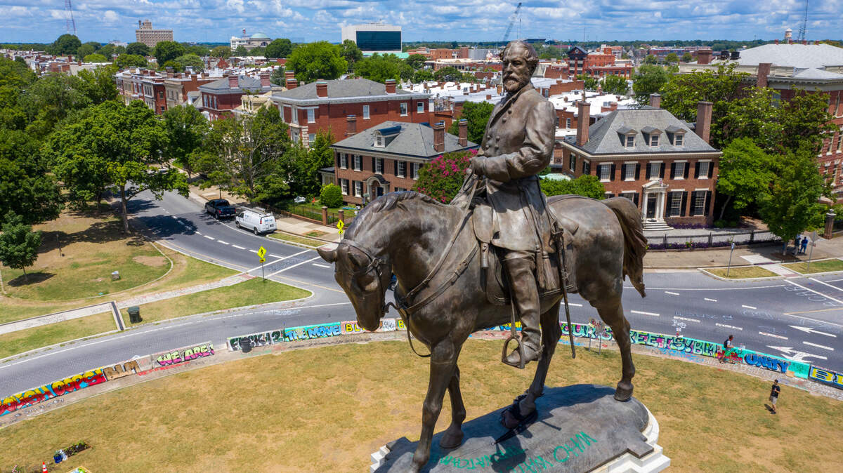 FILE - This July 10, 2020 file photo shows the statue of Confederate General Robert E. Lee is the only Confederate monument left on on Monument Avenue in Richmond, Va. (AP Photo/Steve Helber)