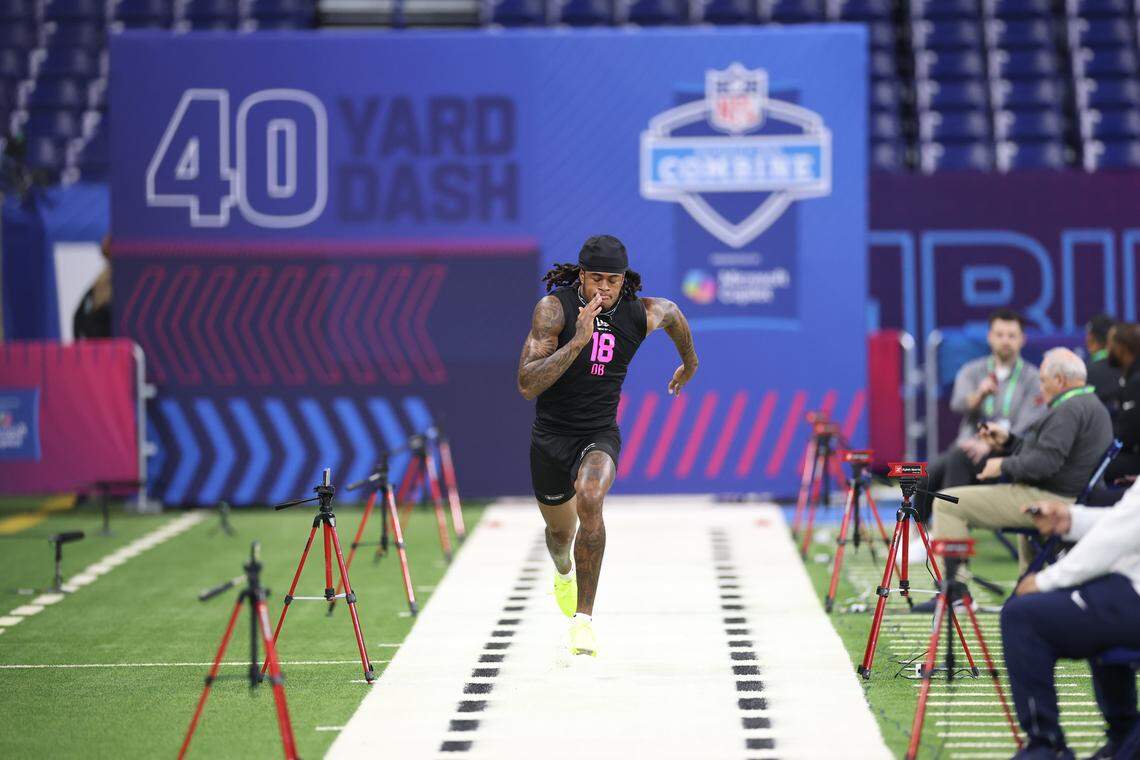 Will Lee III of the Texas A&M Aggies participates in the 40-yard dash during the NFL Scouting Combine in February at Indianapolis’ Lucas Oil Stadium.