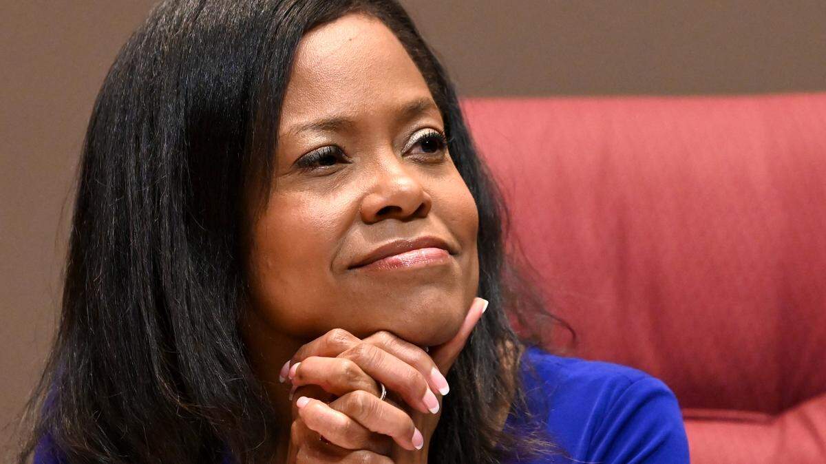 Dr. Crystal Hill waits for the Charlotte-Mecklenburg board of Education meeting to begin on Tuesday, June 6, 2023. Dr. Hill was sworn in as the new superintendent for CMS during the meeting.
