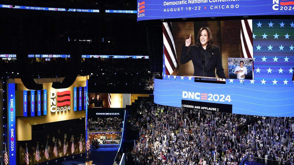 Vice President Kamala Harris speaks at the Democratic National Convention in Chicago on Aug. 22, 2024.