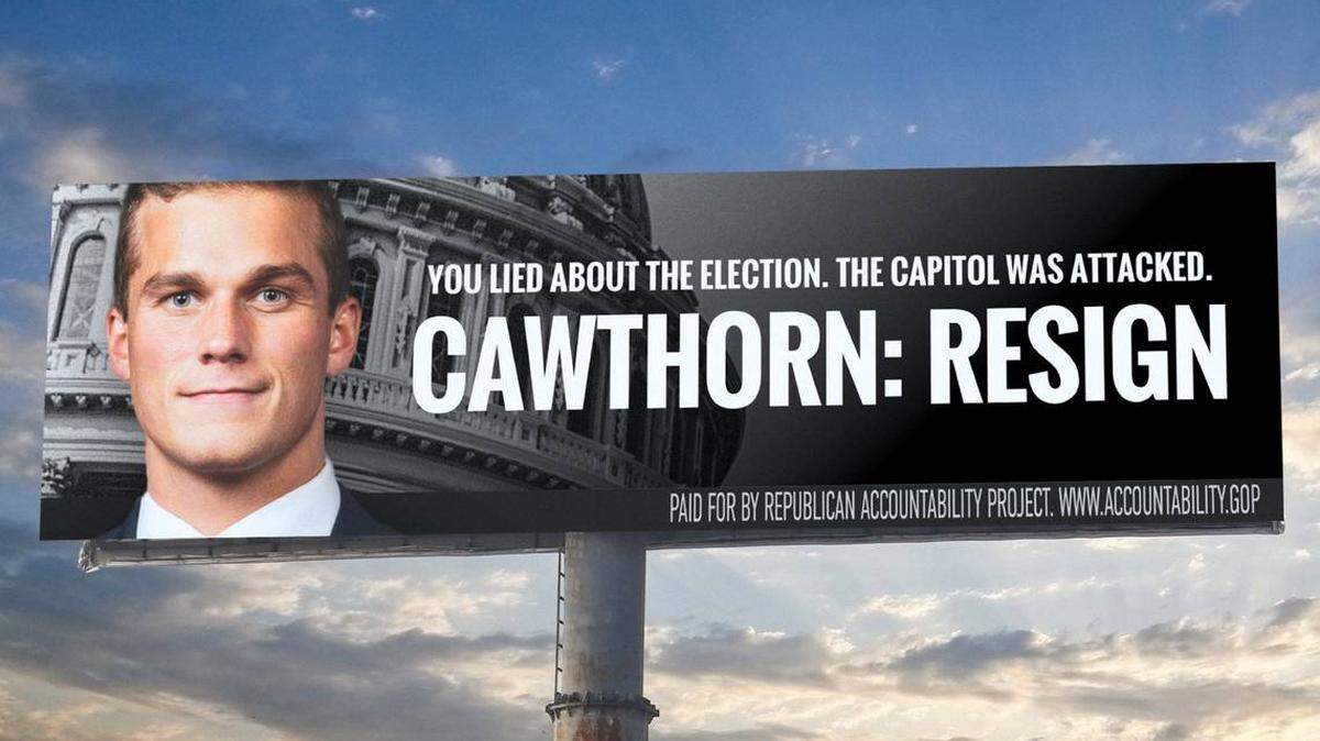 This is one of six billboards the Republican Accountability Project is putting up in North Carolina. They target U.S. Reps. Madison Cawthorn and Dan Bishop and call on the two Republican representatives to resign in the aftermath of the Jan. 6 Capitol riot.