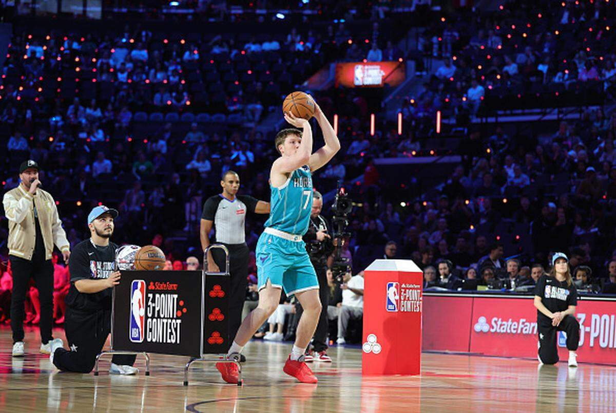 Kon Knueppel of the Charlotte Hornets shoots a  3-pointer during the State Farm 3-Point Contest during 2026 NBA All-Star Weekend at Intuit Dome.