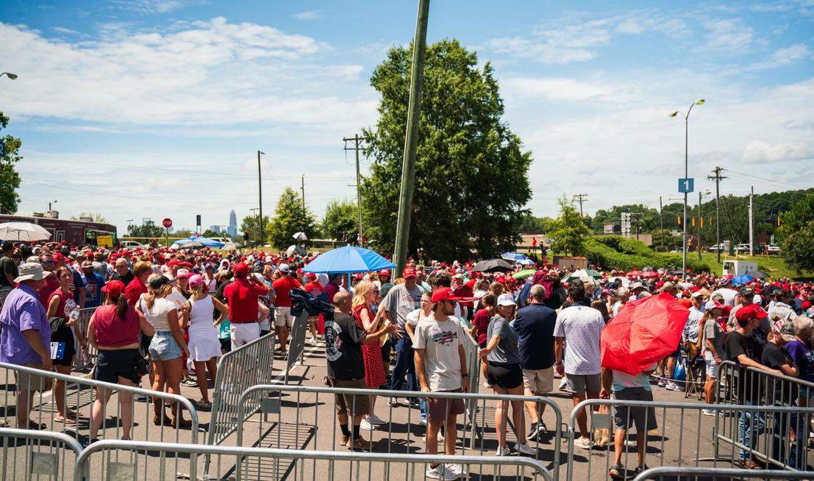 Supporters of former President Donald Trump gather outside Bojangles Coliseum in Charlotte before the rally on Wednesday, July 24, 2024.
