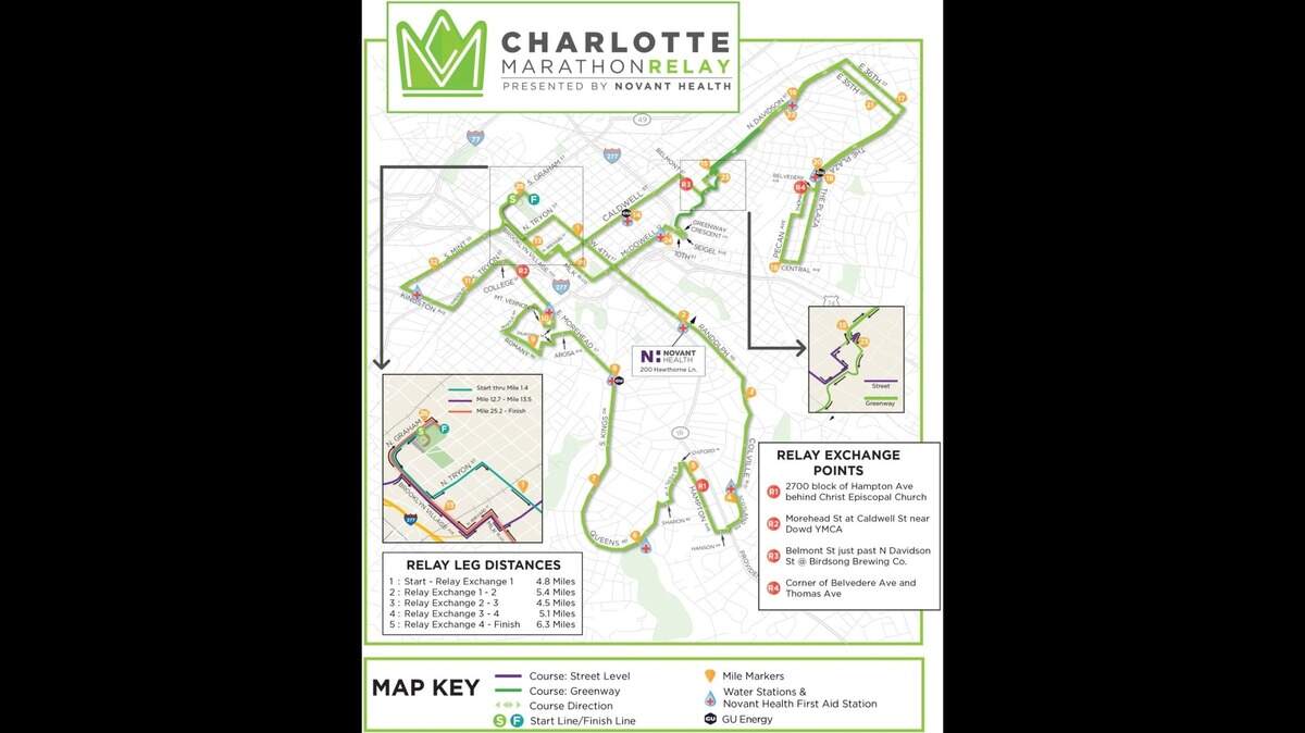 Novant Health Charlotte Marathon events on Saturday include the marathon, half-marathon, relays and a 5K. A Finish Line Festival will be held on Mint Street in uptown.