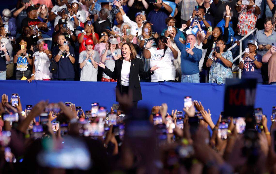 Vice President and democratic nominee for president Kamala Harris acknowledges the crowd as she arrives to a rally at the Greensboro Coliseum in Greensboro, N.C., Thursday, Sept. 12, 2024.