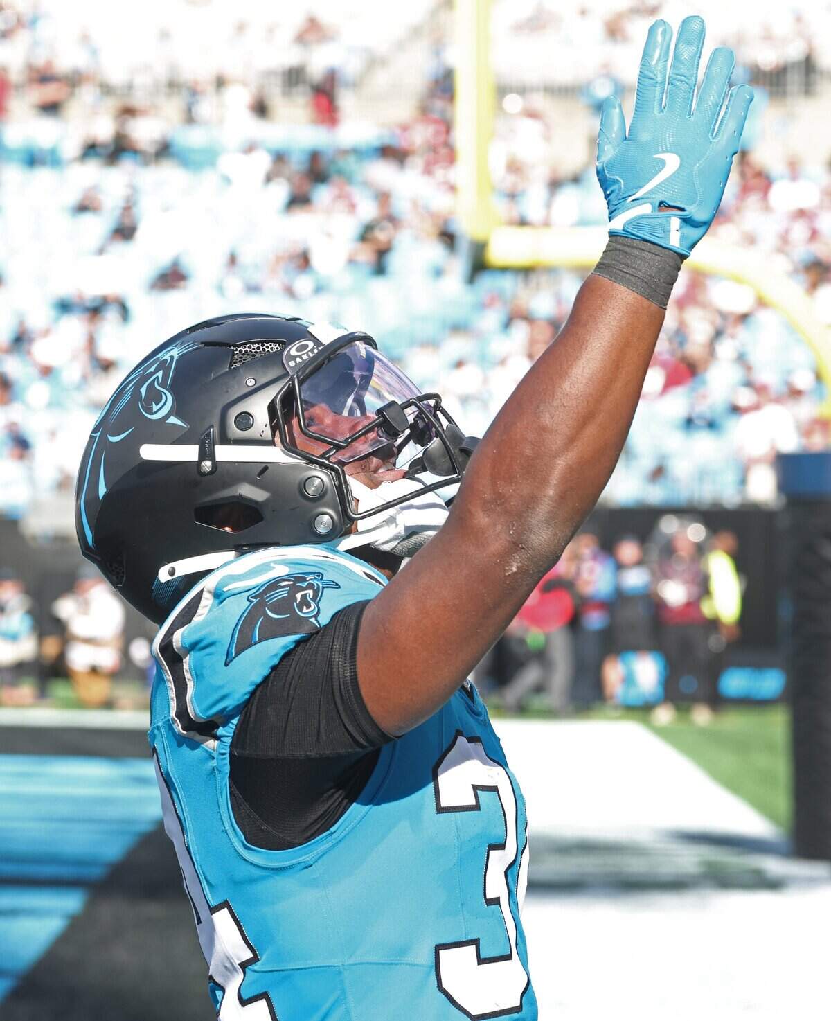Carolina Panthers running back Anthony Tyus III celebrates his touchdown run against the Tampa Bay Buccaneers at Bank of America Stadium in Charlotte, NC on Sunday, October 25, 2026.