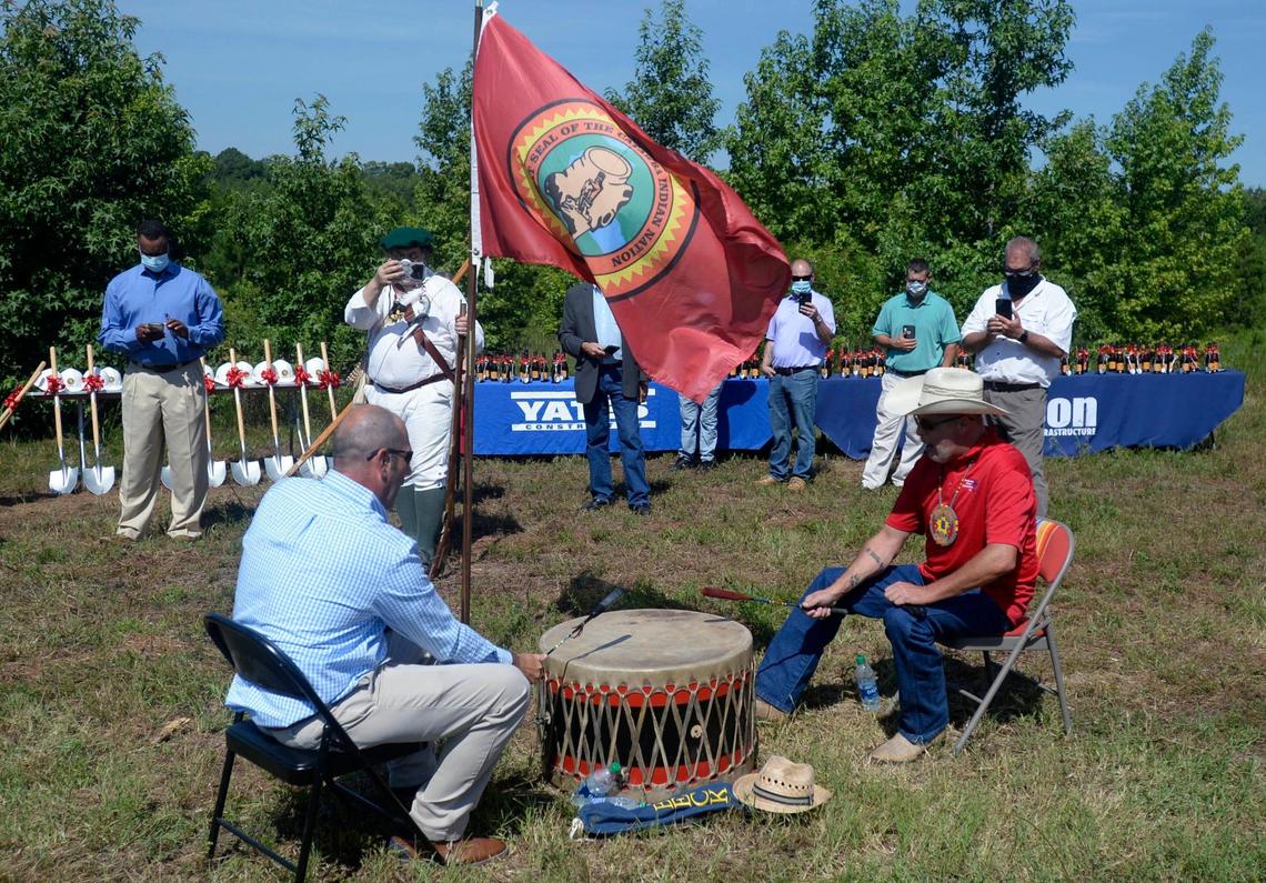 Catawba Indian Nation members Ronnie Beck, left, and Jason Beck play a drum during the groundbreaking ceremony for a new, state-of-the art casino development project in Kings Mountain, NC on Wednesday, July 22, 2020. Through construction and completion, the project will employ 4,000 North Carolinians from the surrounding region.