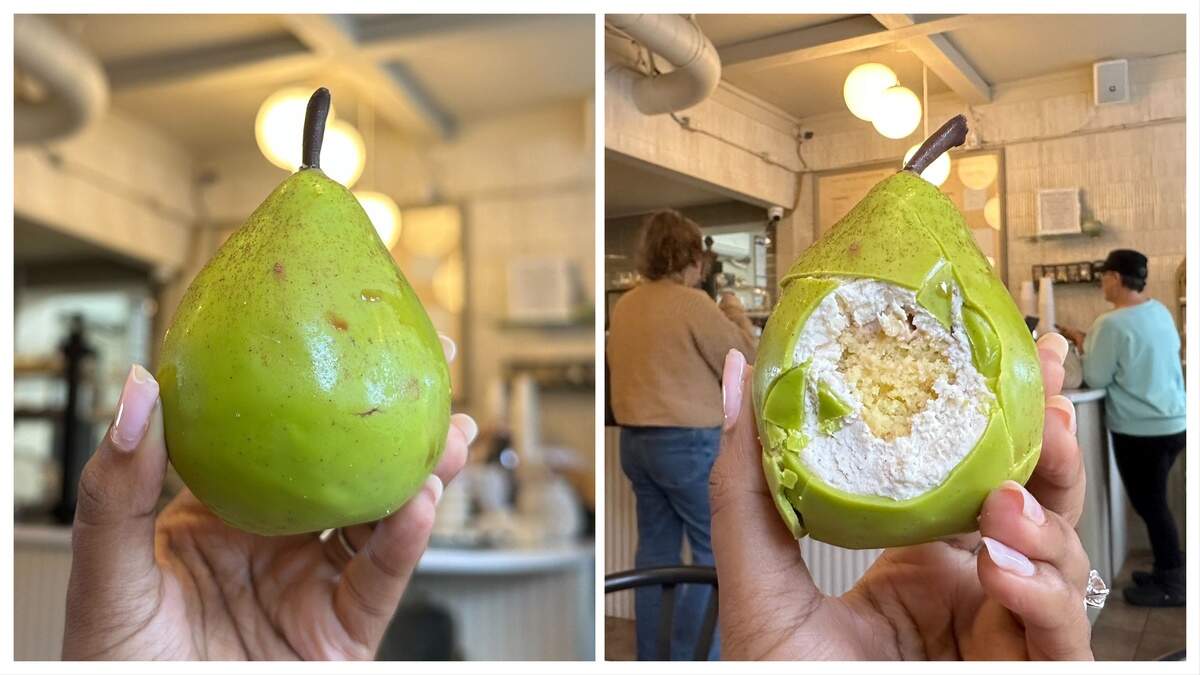 A side-by-side comparison image. On the left, a hand holds a hyper-realistic green pear pastry. On the right, a bite has been taken out of the pastry, revealing a white mousse and a cake-like center.