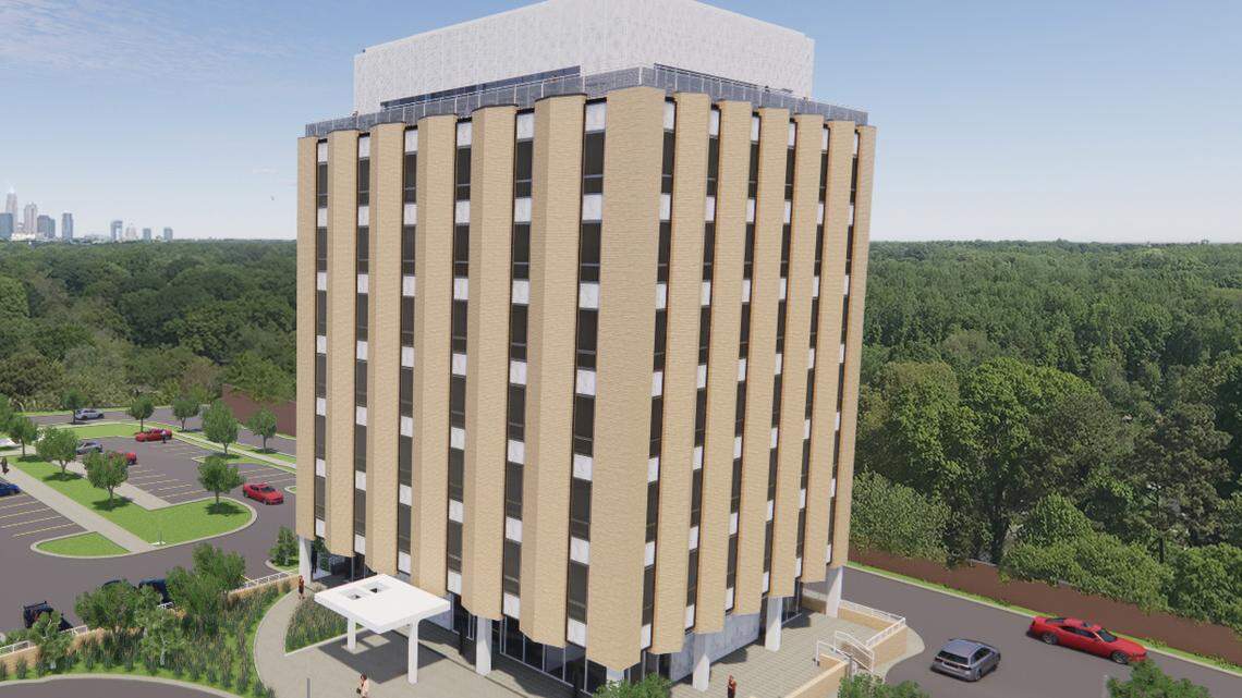 A rendering of the renovations underway from developer Gvest Capital to the Ervin Building, a historic tower in east Charlotte.