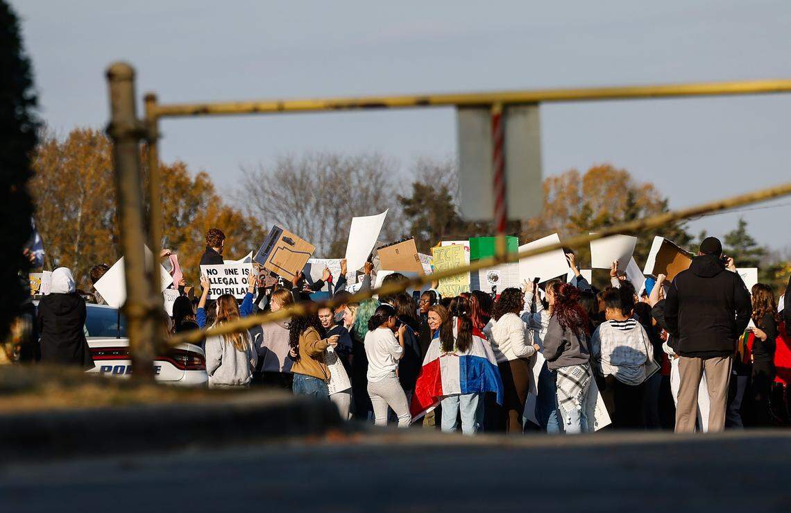 Students at South Mecklenburg High School walk out of classes to peacefully protest the presence of U.S. Customs and Border Protection and I.C.E. in Charlotte on Thursday, November 20, 2025. 