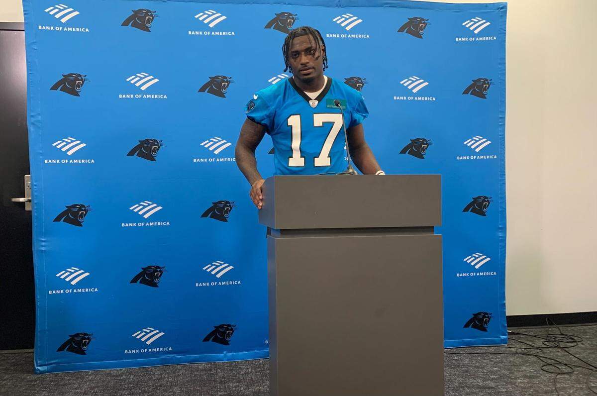 Carolina Panthers rookie wide receiver Xavier Legette addresses the media following the first practice of 2024 rookie minicamp in Charlotte, N.C. on May 10, 2024.