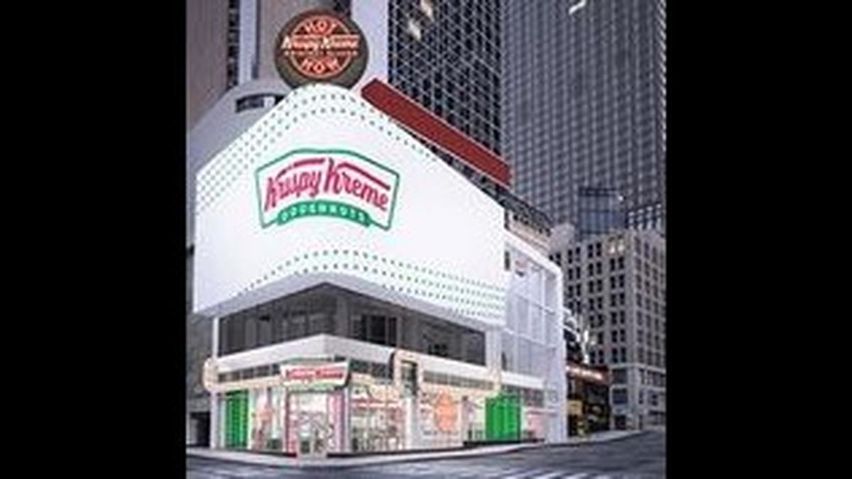 Krispy Kreme Doughnut Corp.’s Times Square Big Apple flagship location will debut in May, featuring “the world’s largest Hot Light and hot/fresh doughnuts 24/7” sign, company officials said on Wednesday, Jan. 29, 2020.
