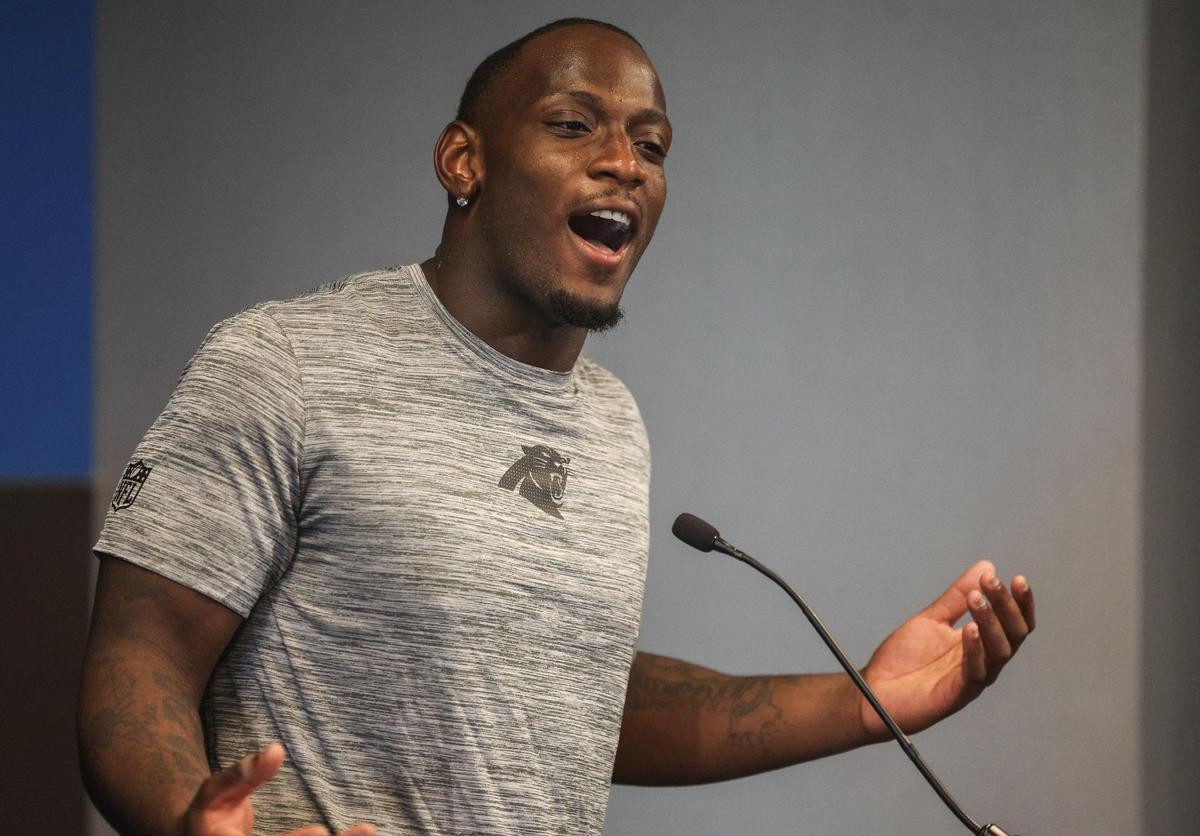 Carolina Panthers outside linebacker Nic Scourton speaks to media during Veteran Report Day for training camp at Bankof America Stadium in Charlotte, N.C., on Tuesday, July 22, 2025.