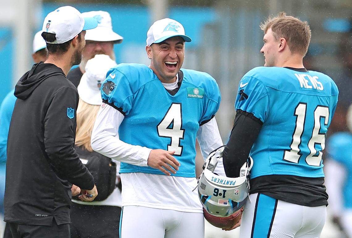 Carolina Panthers kicker Eddy Pineiro, center, enjoys a laugh during practice on Tuesday, August 6, 2024.