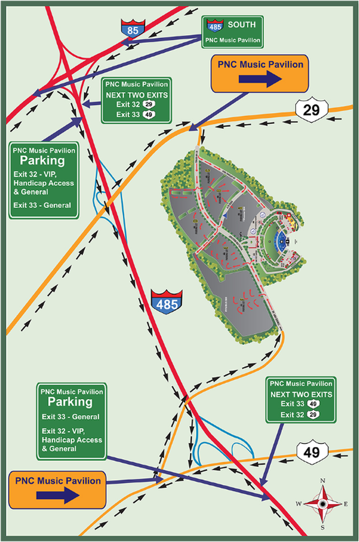 A map shows parking directions for PNC Music Pavilion.