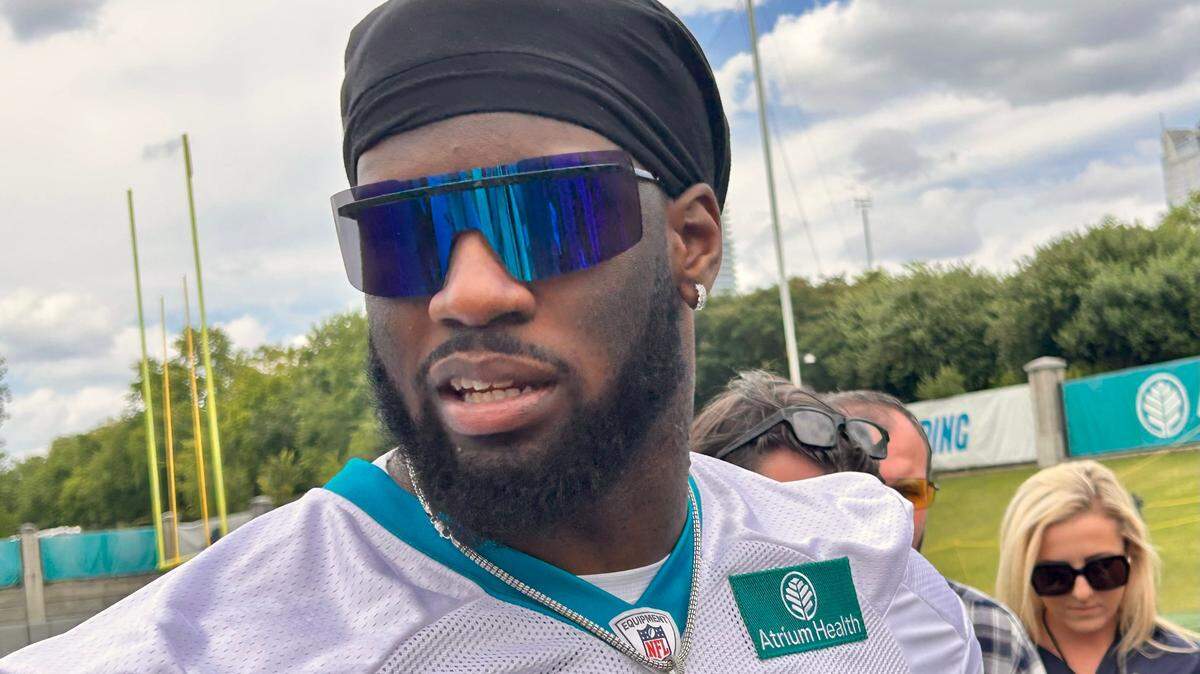 Carolina Panthers defender Brian Burns answers a question during a press conference on the team’s practice fields in Charlotte on June 14, 2023. Burns has been switched to outside linebacker this season in the Panthers’ new 3-4 base defense scheme.