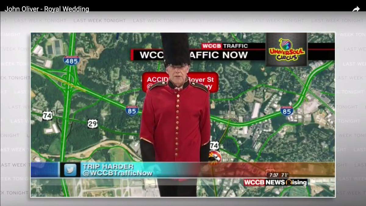On his national HBO show, John Oliver poked fun at Charlotte TV station WCCB -- and many other stations across the country -- for being over the top over the royal wedding. Oliver showed this clip of WCCB morning traffic reporter Trip Harder dressed in a London Guard uniform as he tells WCCB viewers: "We do have three accidents in town this morning."