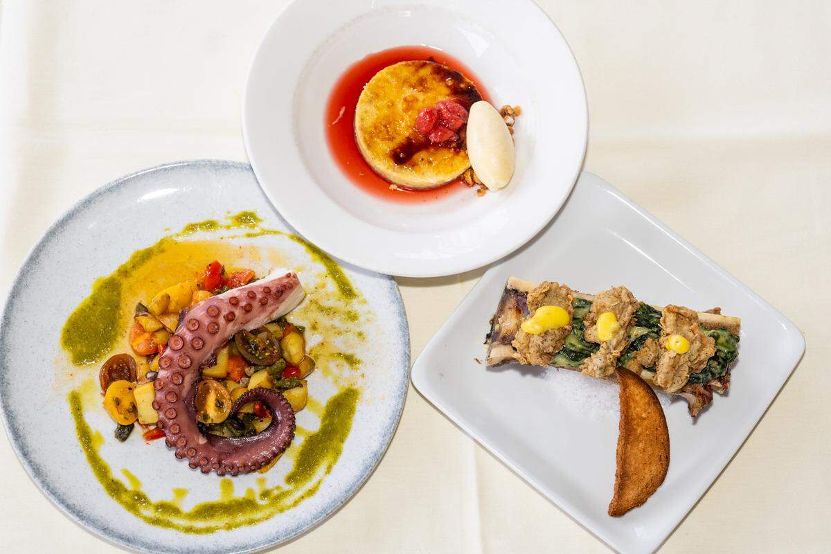 The Fig Tree’s grilled octopus, bone marrow rockefeller and butterscotch crème brûlée.