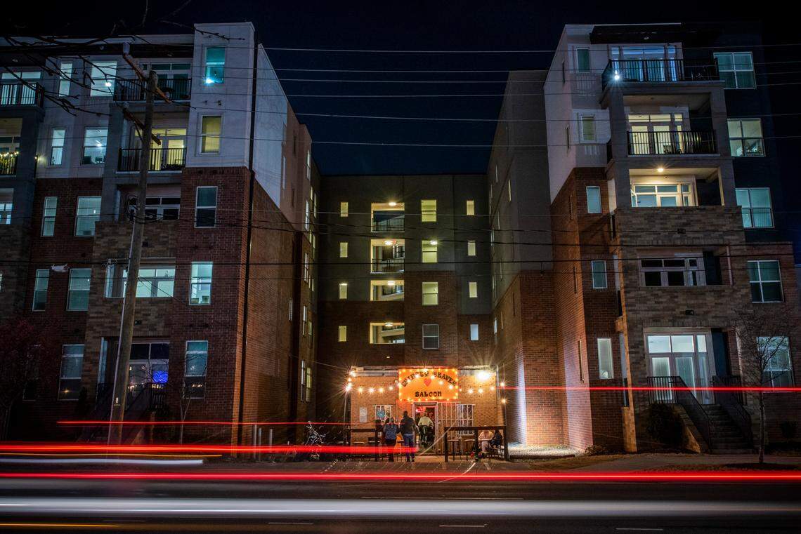The Thirsty Beaver saloon is surrounded on all three sides by apartments. The bar opened in 2008 and owners refused to sell to the developers, who had to build around the bar.