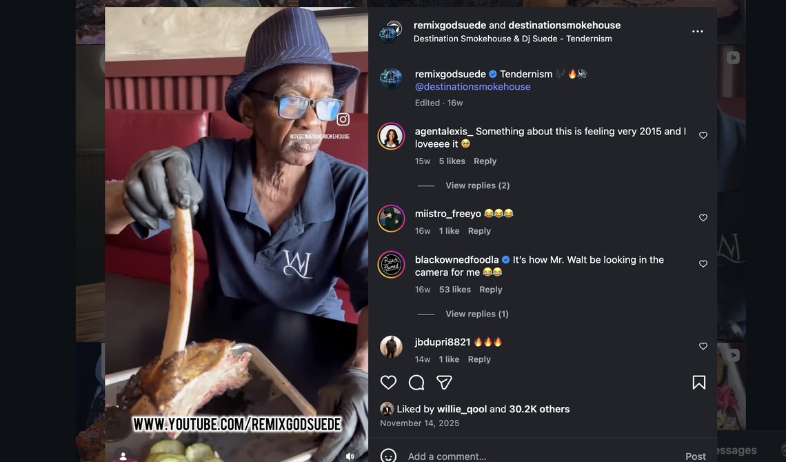 A screengrab from Destination Smokehouse’s Instagram page shows one of the many videos featuring Walter Johnson displaying “tendernism,” with juicy, smoked meats falling right off the bone.