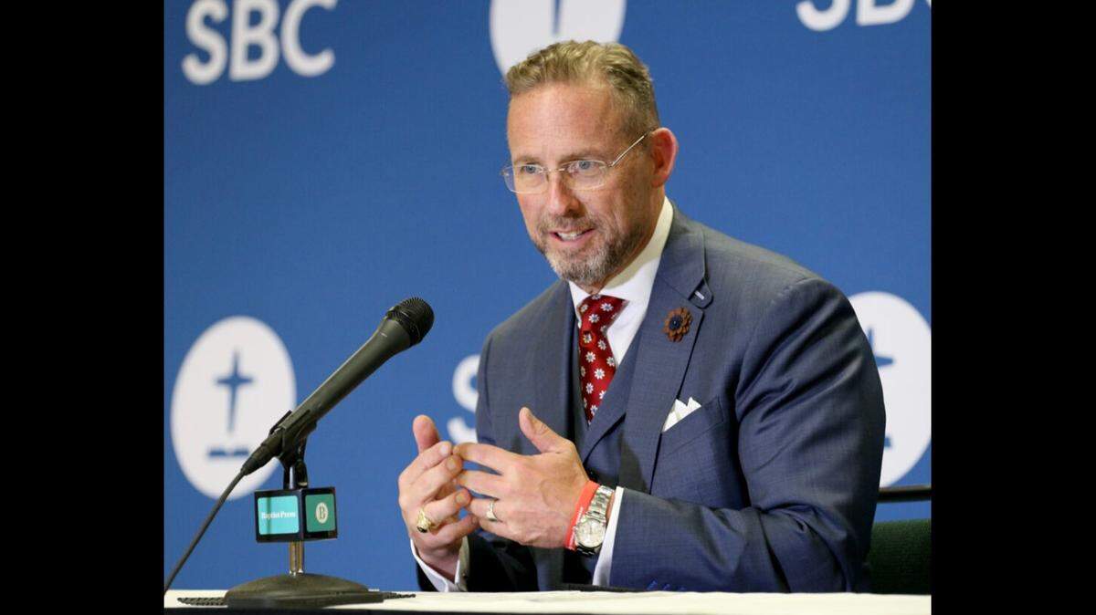 Charlotte pastor Clint Pressley speaks at a news conference after he was elected president of the Southern Baptist Convention on Wednesday, June 12, in Indianapolis, Indiana.