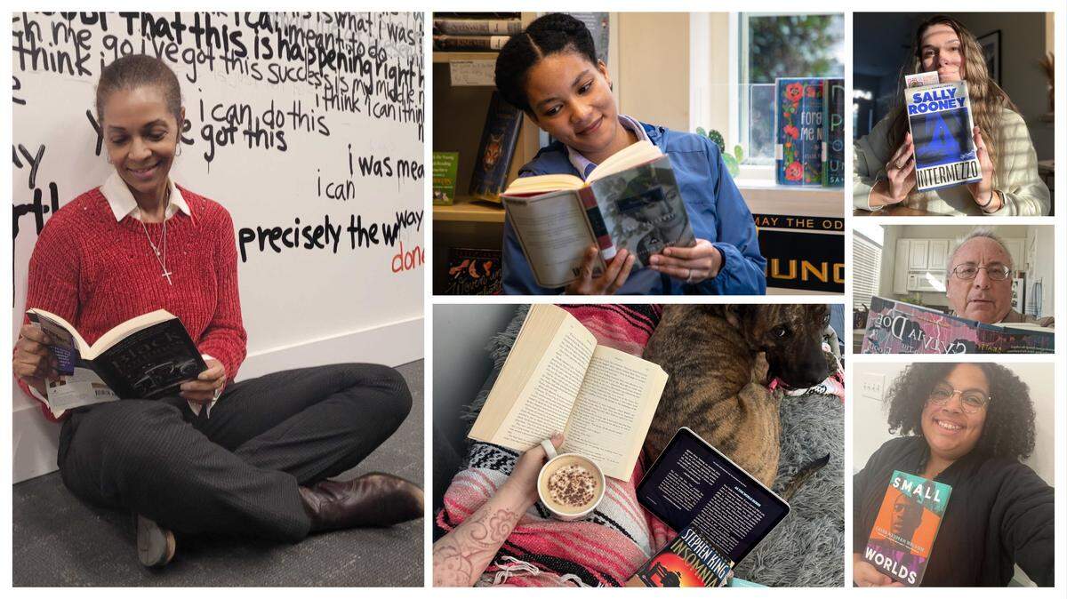 From left, Lisa Vernon-Sparks, Diamond Vences, Sunny Hubler, Melissa Oyler’s dog Charlie, Joe Marusak, Desiree Mathurin with their favorite books of the year.