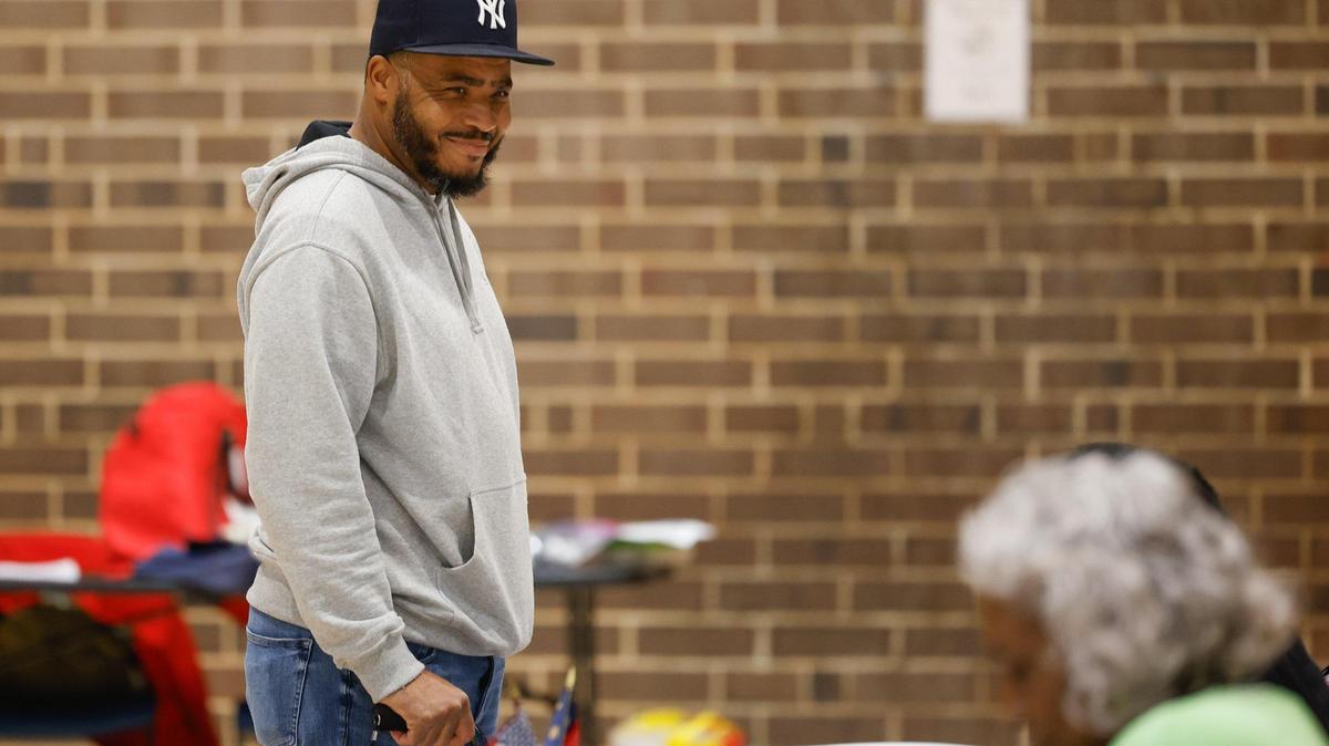 Michael Bankhead is the first voter to arrive at the McCrorey YMCA during the primary election in Charlotte, NC on Tuesday, March 5, 2024.