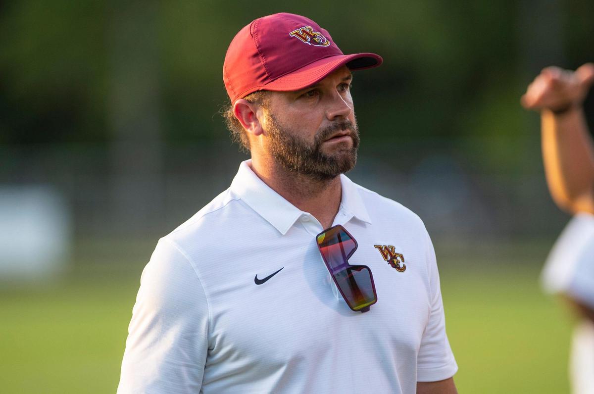West Charlotte head coach Sam Greiner on the sidelines during the game against Harding University High School on Friday, August 27, 2021 in Charlotte, NC.