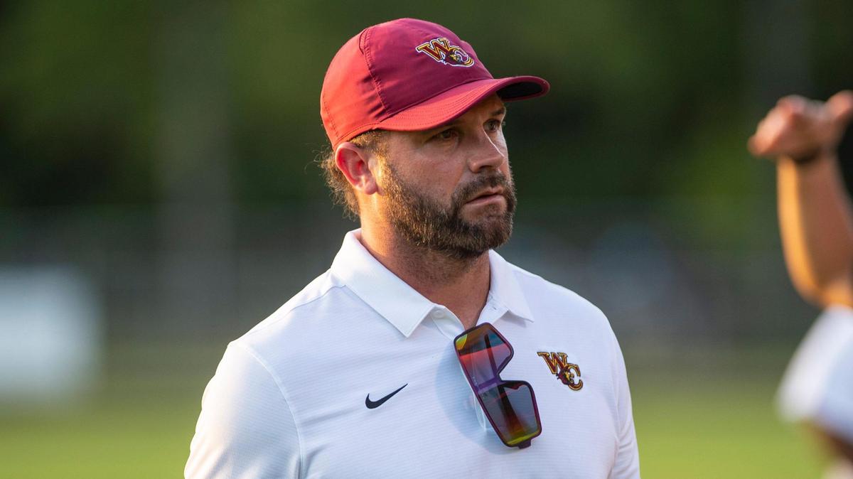 West Charlotte head coach Sam Greiner on the sidelines during the game against Harding University High School on Friday, August 27, 2021 in Charlotte, NC.