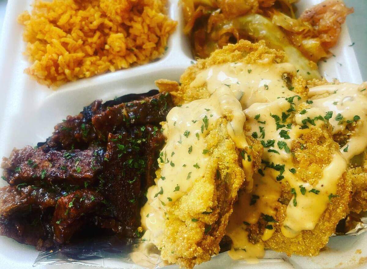 Ve-Go Food Truck’s BBQ Ribz and Buttermilk Fried Chick’n with saffron rice and cabbage.