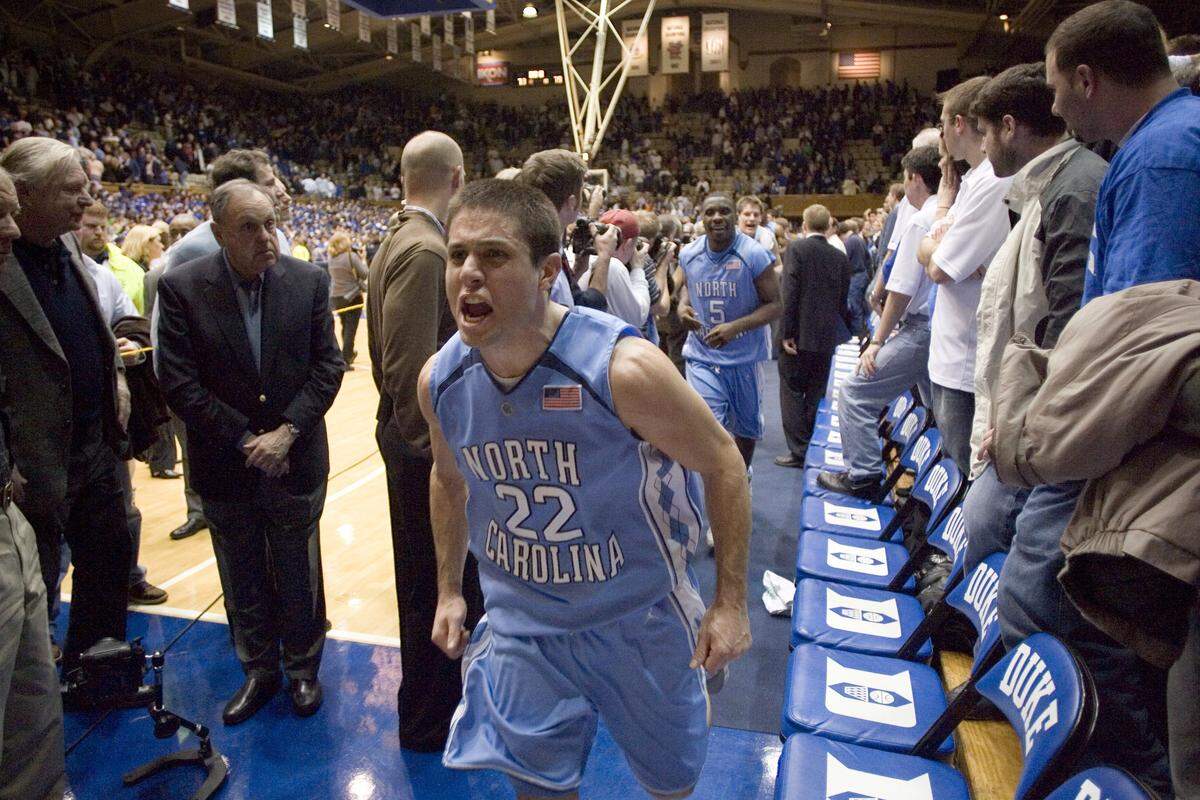 Wes Miller lets out a victory yell in 2007 after his UNC team had beaten Duke in Cameron Indoor Stadium.  