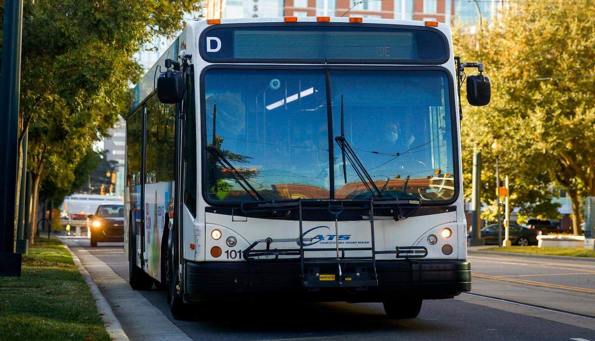 A CATS bus travels along East Trade Street in Charlotte, N.C., Wednesday, Oct. 19, 2022.