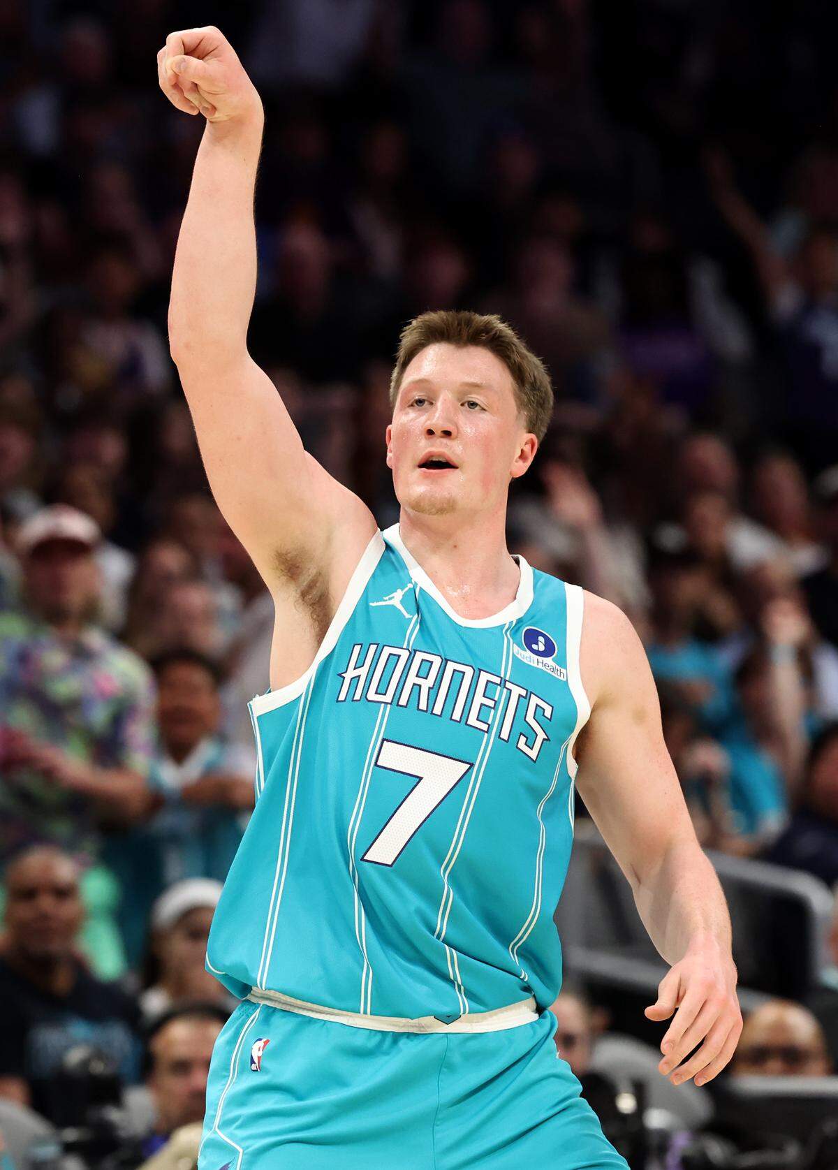 Charlotte Hornets forward Kon Knueppel holds his three-point shot release during action against the Phoenix Suns at Spectrum Center in Charlotte, North Carolina, on Thursday, April 2, 2026.