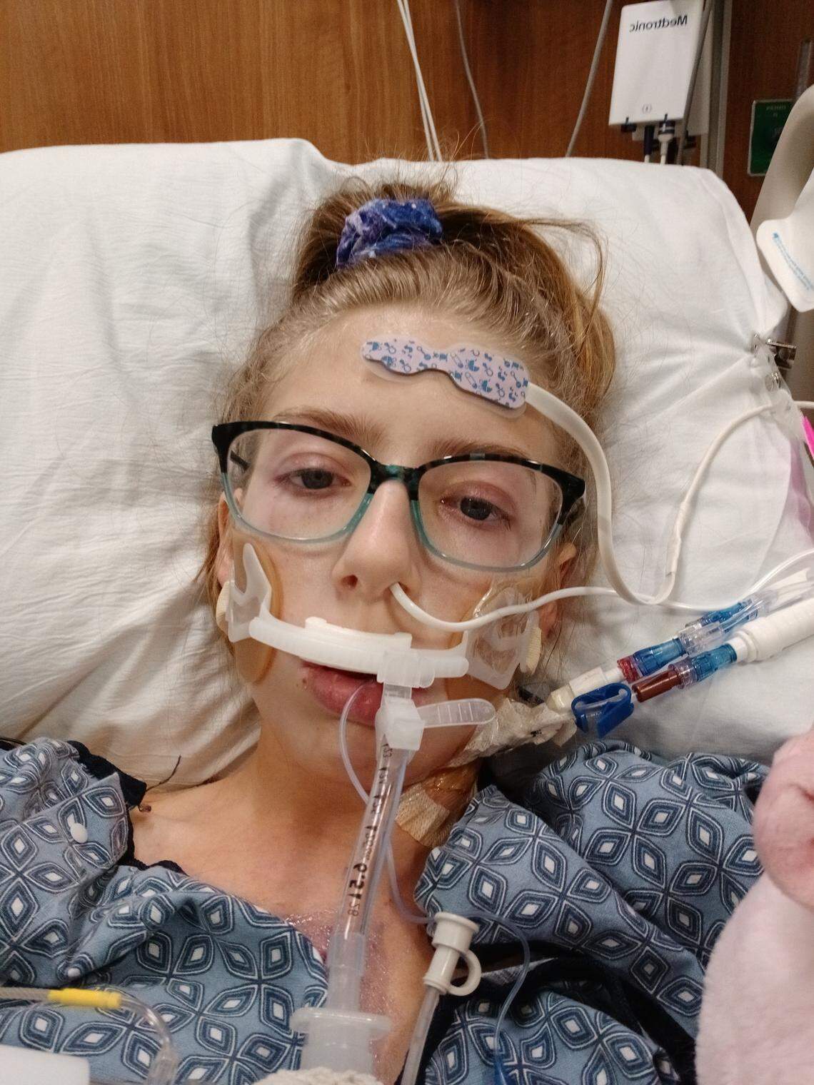 Margaret Van Bruggen recovers in the hospital at Duke after her surgery.