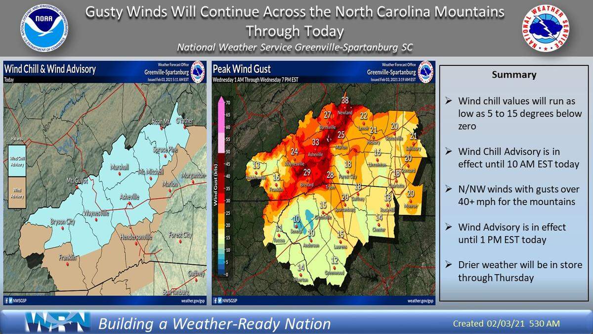 A wind chill advisory is in effect through mid morning and a wind advisory will be in place for the region through at least 1 p.m., according to the National Weather Service.