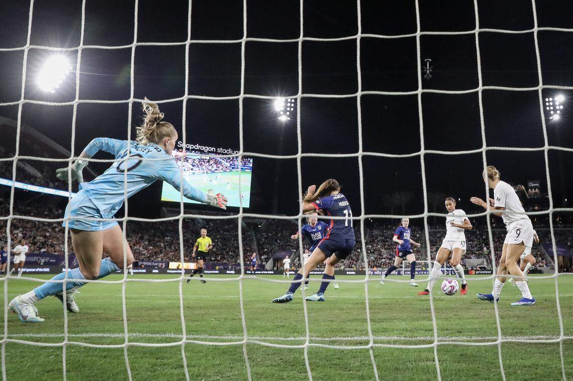 Lynn Williams (10) of NJ/NY Gotham FC scores against keeper Claudia Dickey of OL Reign during the 2023 NWSL Championship at Snapdragon Stadium on Nov. 11, 2023, in San Diego, California.