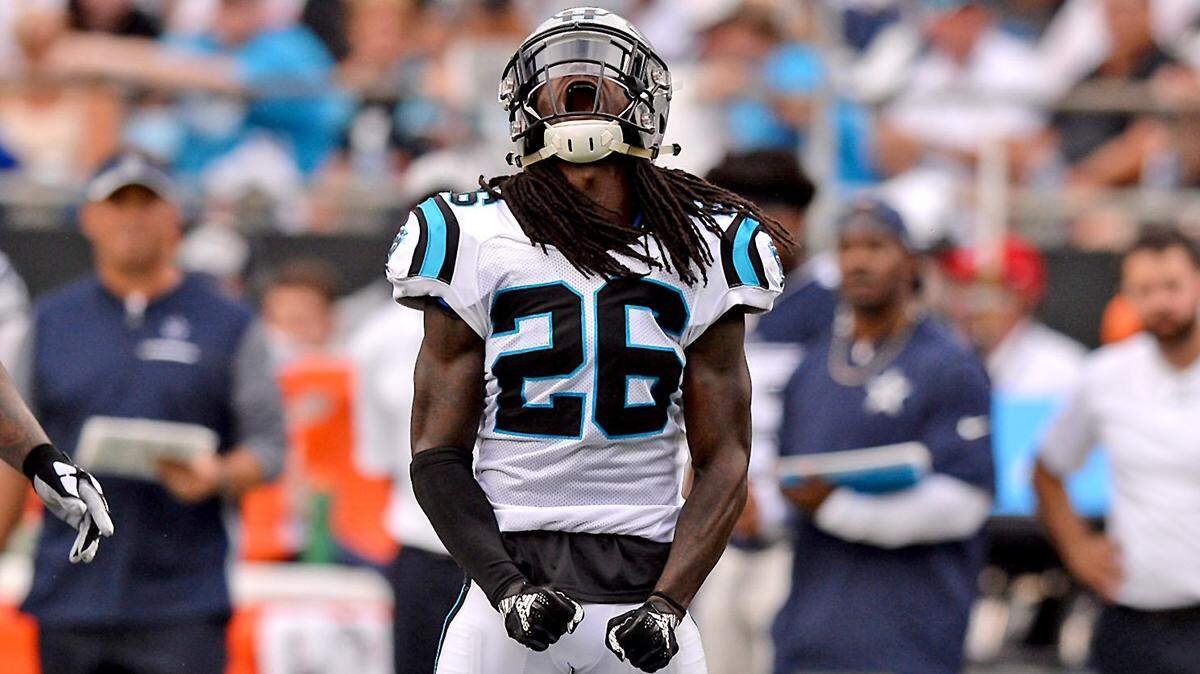 Carolina Panthers cornerback Donte Jackson, center, celebrates his hit on Dallas Cowboys wide receiver Tavon Austin during the second quarter of Sunday’s victory over the Dallas Cowboys. Panthers defensive coordinator Eric Washington said Jackson’s best play was actually a cutback run stop on Ezekiel Elliott.