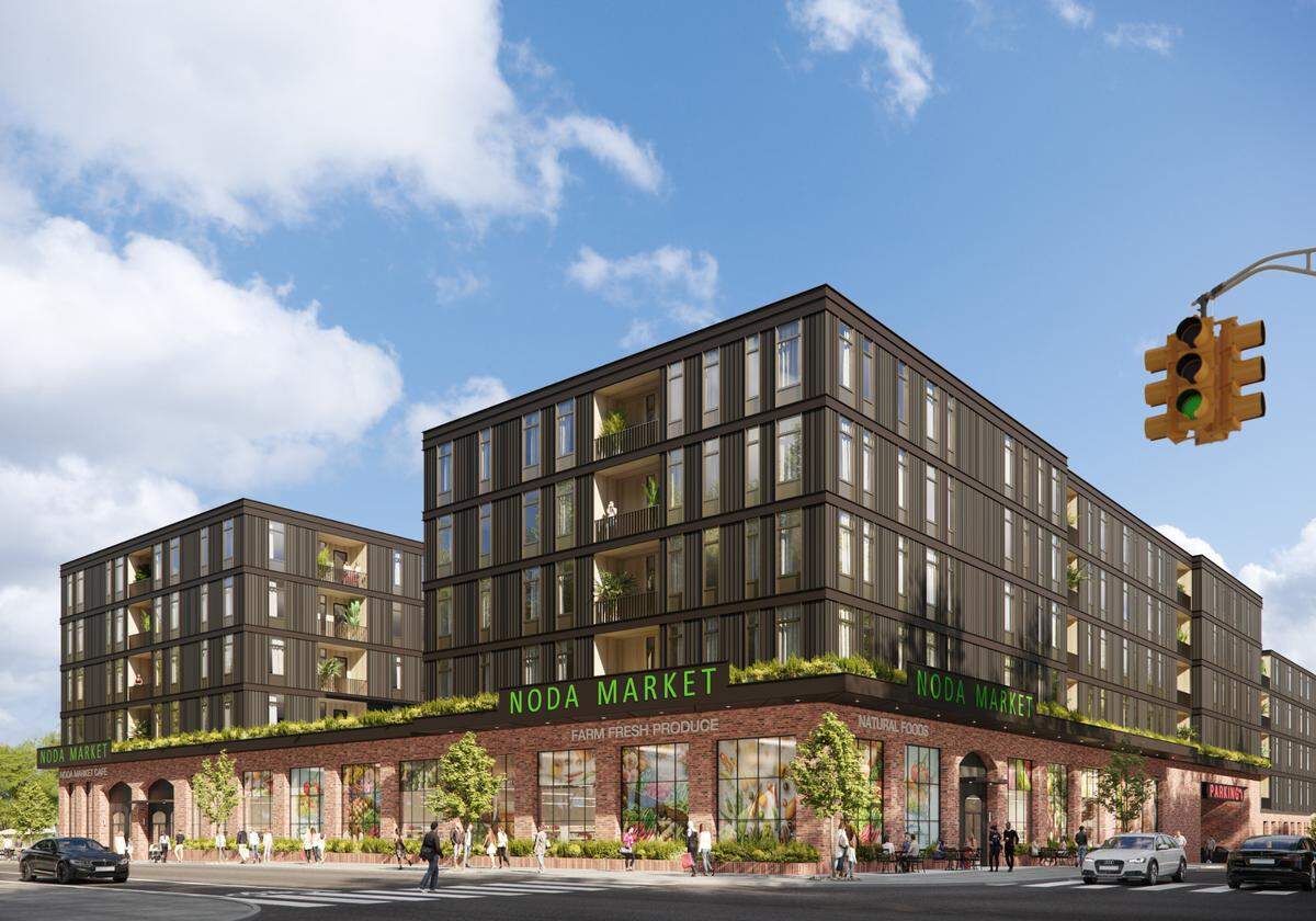A rendering of a 383-unit apartment building that would feature 27,000 square feet of retail. The developer, New York-based Avery Hall, hopes to put a grocery store there. The site is located at the corner of E. 36th and Tryon streets in NoDa.