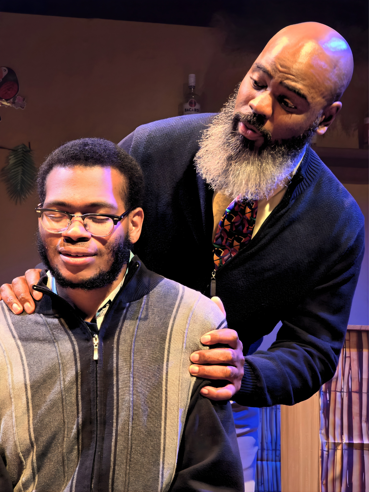 Bert (Marvin King) holds Kenneth’s (Miles Thompson) shoulders in a scene from ‘Primary Trust’ at Three Bone Theatre. 